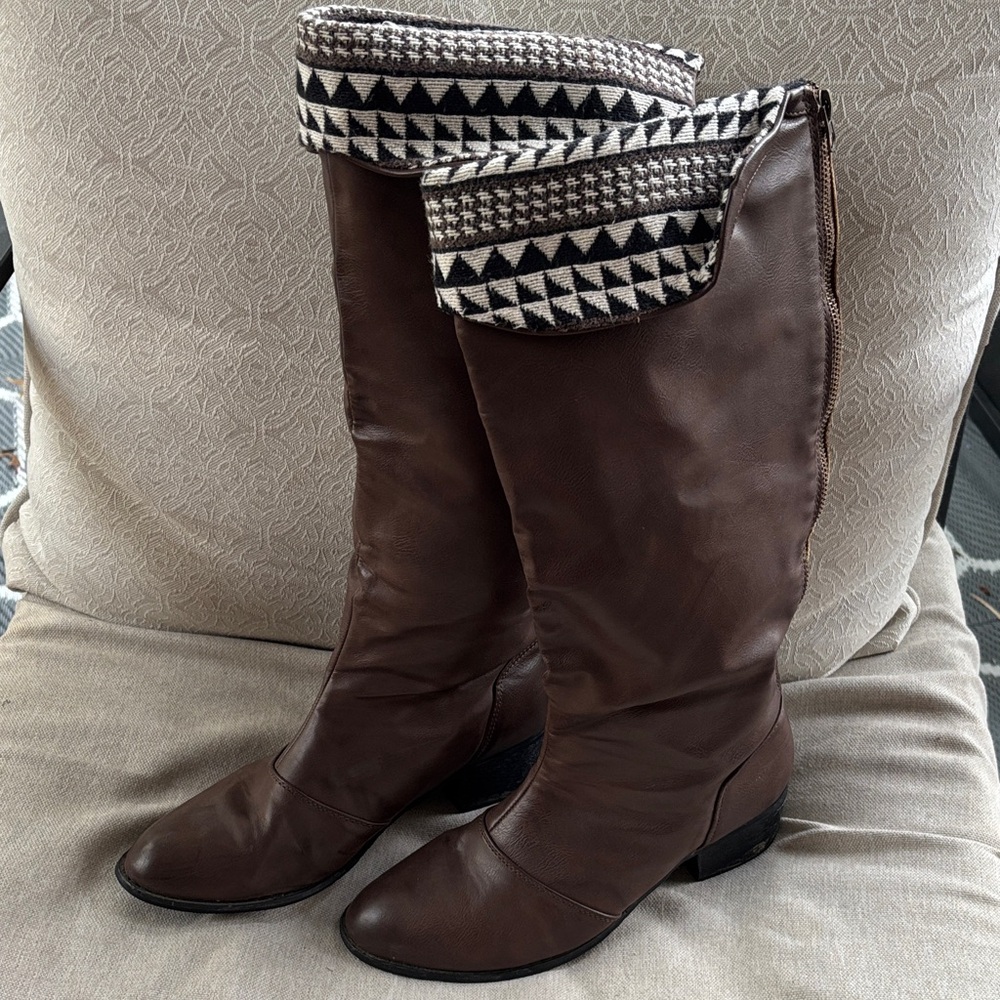 Francesca’s Brown Calf Boots with Patterned Cuff